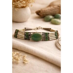 Sterling Silver Liquid Bead Bracelet Green Stone Cabochon Southwest